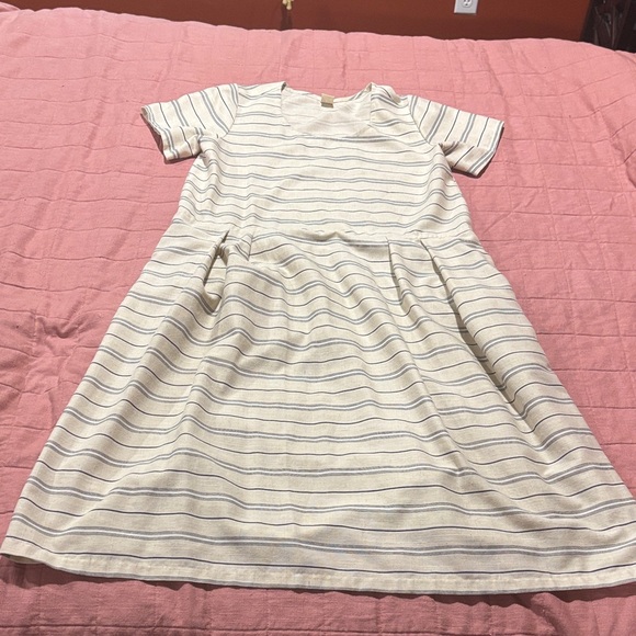 Handmade Striped Cream and Blue Dress - Picture 1 of 8
